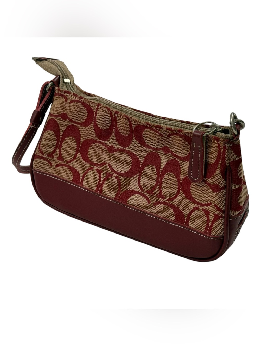 Coach Signature Jacquard Mini Shoulder Bag Red Khaki Leather Trim Y2K Baguette